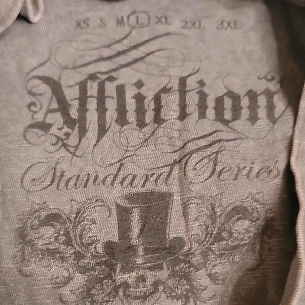 Men's Affliction Henley Large Gray And Black 3 Button Short Sleeve Shirt - Picture 4 of 9